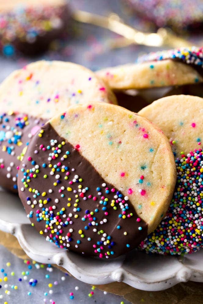 Slice and bake cookies dipped in chocolate and sprinkles