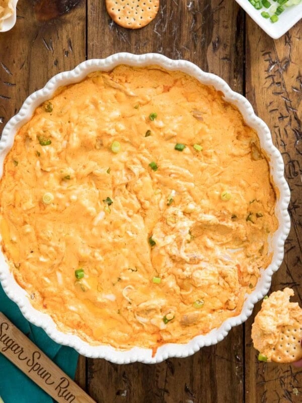 overhead of buffalo chicken dip in white dish.
