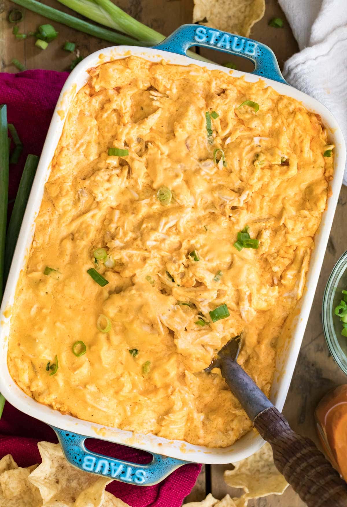 overhead of buffalo chicken dip