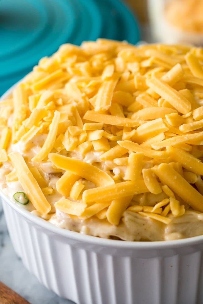 Hashbrown casserole topped with cheese