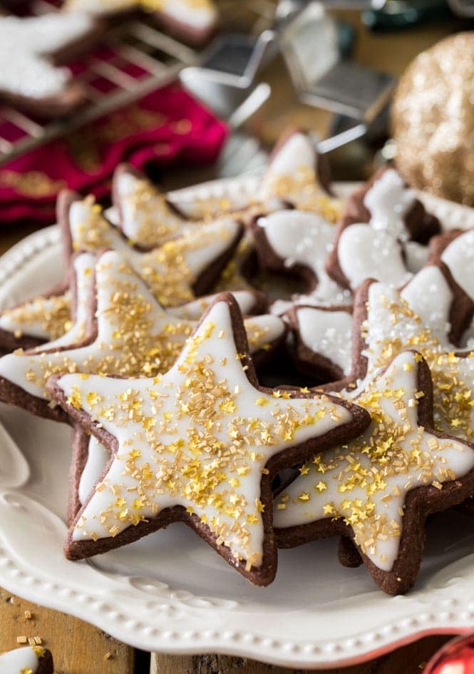 Plate of decorated chocolate sugar cookies