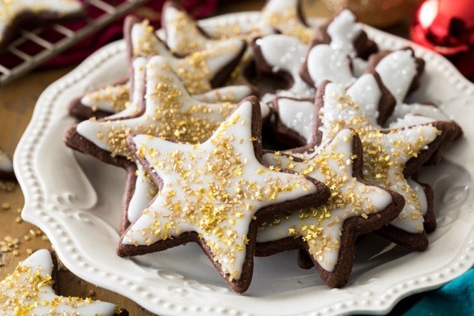 Plate of iced chocolate sugar cookies