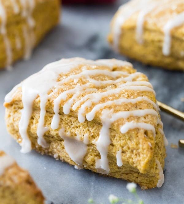 Pumpkin scone with icing drizzle