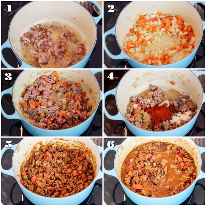 6 images showing varying stages of chili as described in instructions