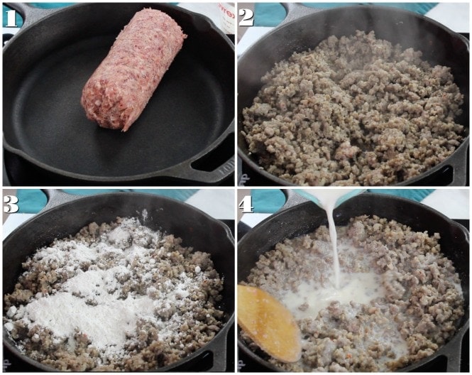 4 images showing various stages of cooking sausage in cast iron pan