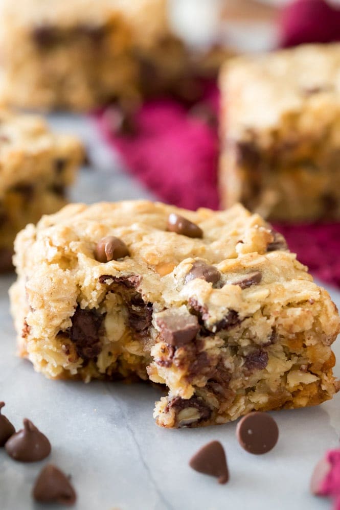 warm oatmeal cookie bar with melty chocolate