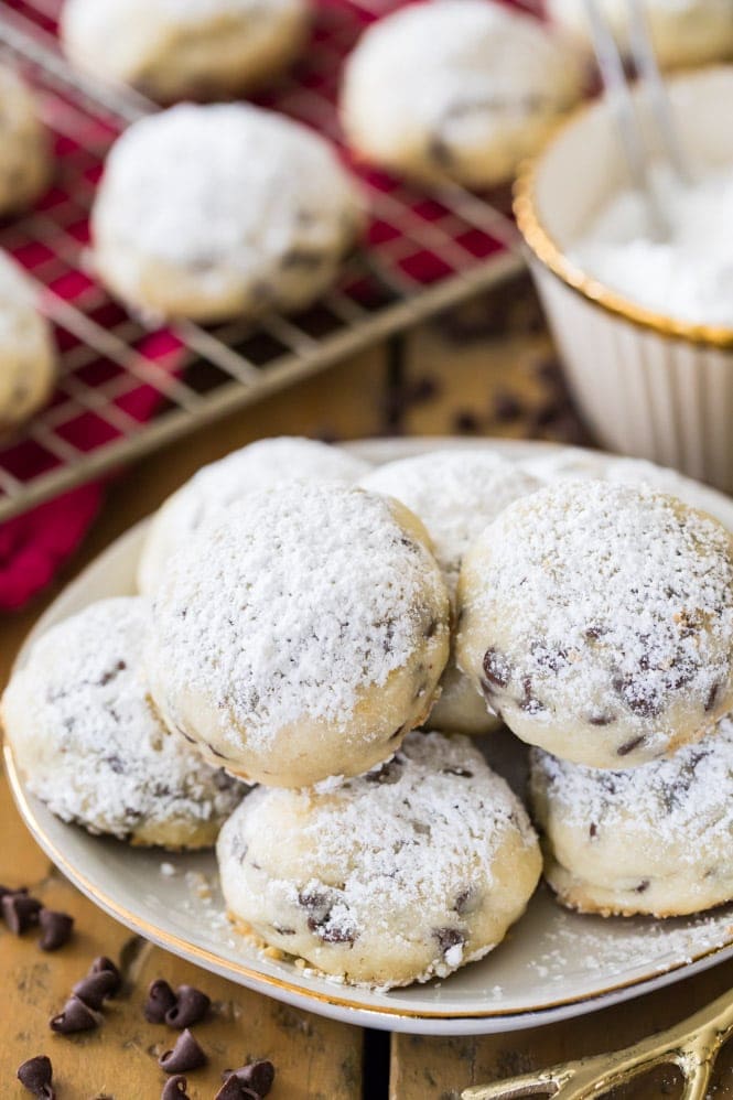 Snowball cookies piled on plate