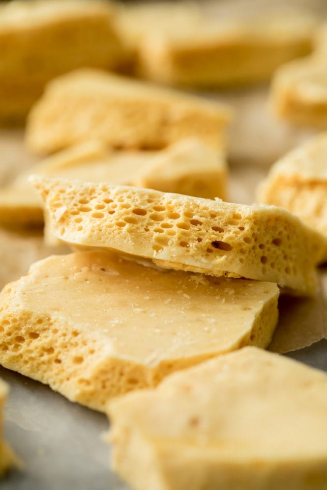 Broken pieces of honeycomb candy