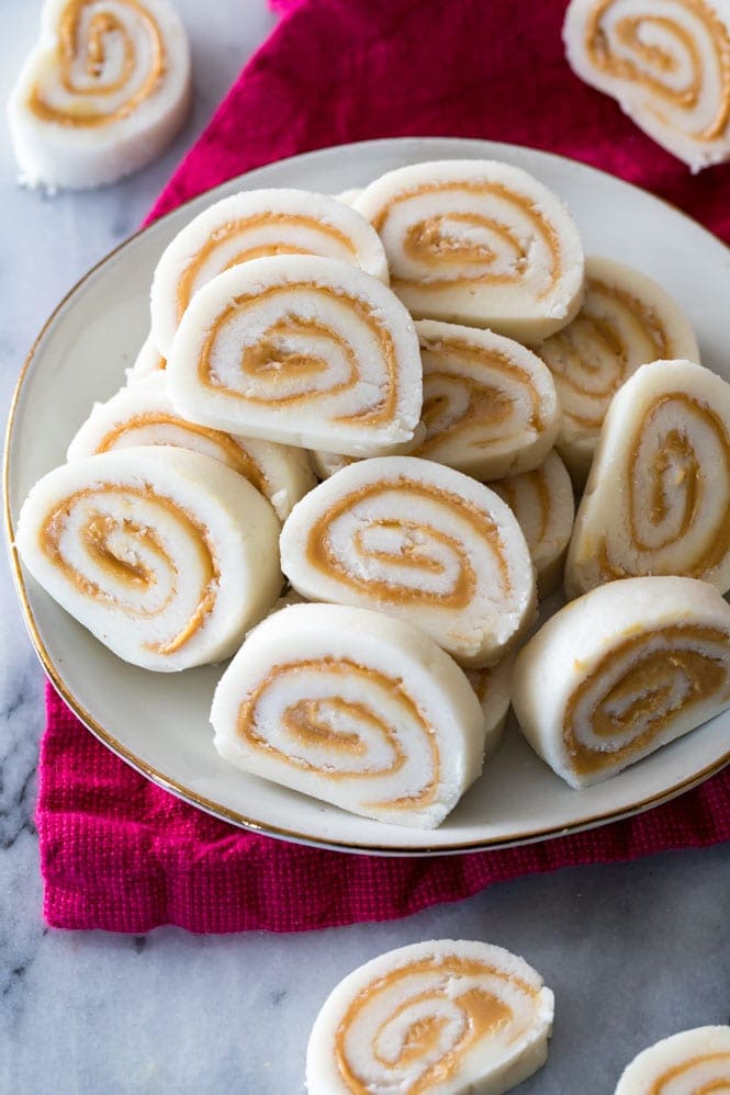 sliced potato candy peanut butter pinwheels on a plate