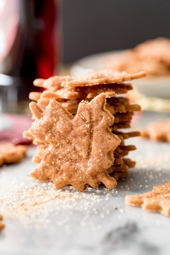 Freshly baked thin and crispy maple leaf cookies