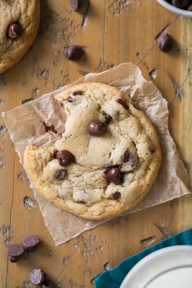 Chocolate chip cookie with bite missing