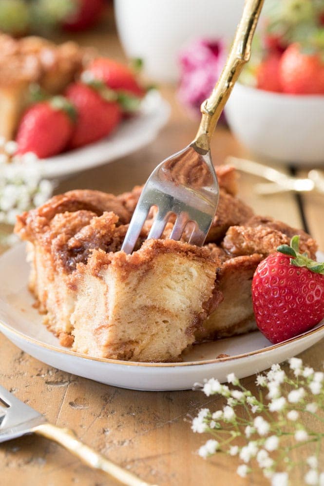 Bite of french toast casserole made with challah