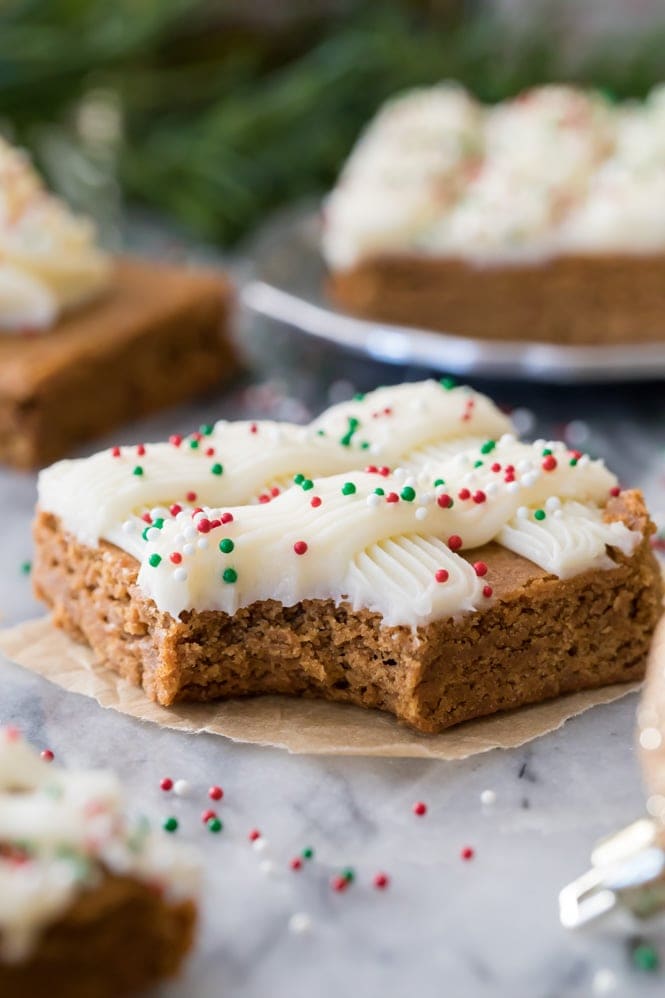 Soft and chewy Gingerbread Cookie bar with a bite out of it