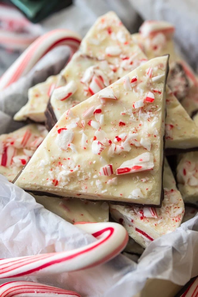 Peppermint bark pieces in a gift box