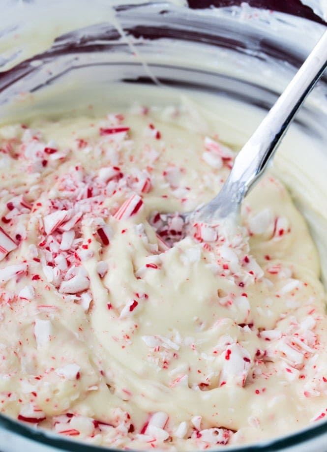 Peppermint Bark batter in mixing bowl