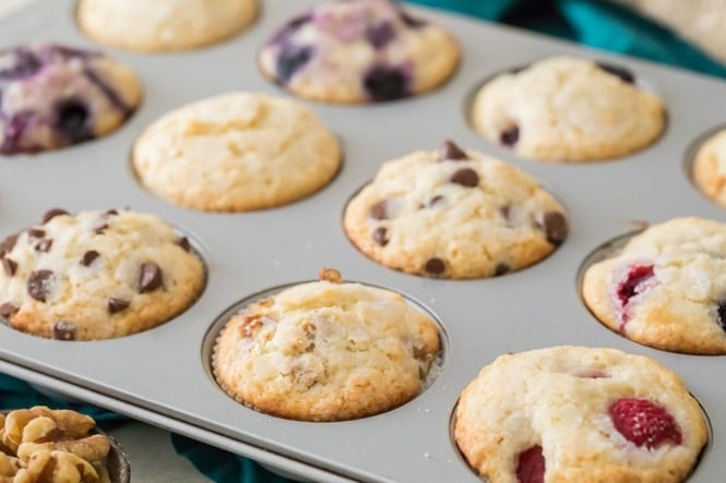 A variety of freshly baked muffins in pan