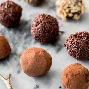 Chocolate truffles on marble surface