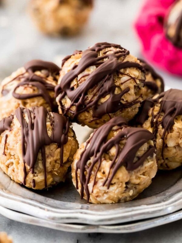 energy bites stacked on silver plate