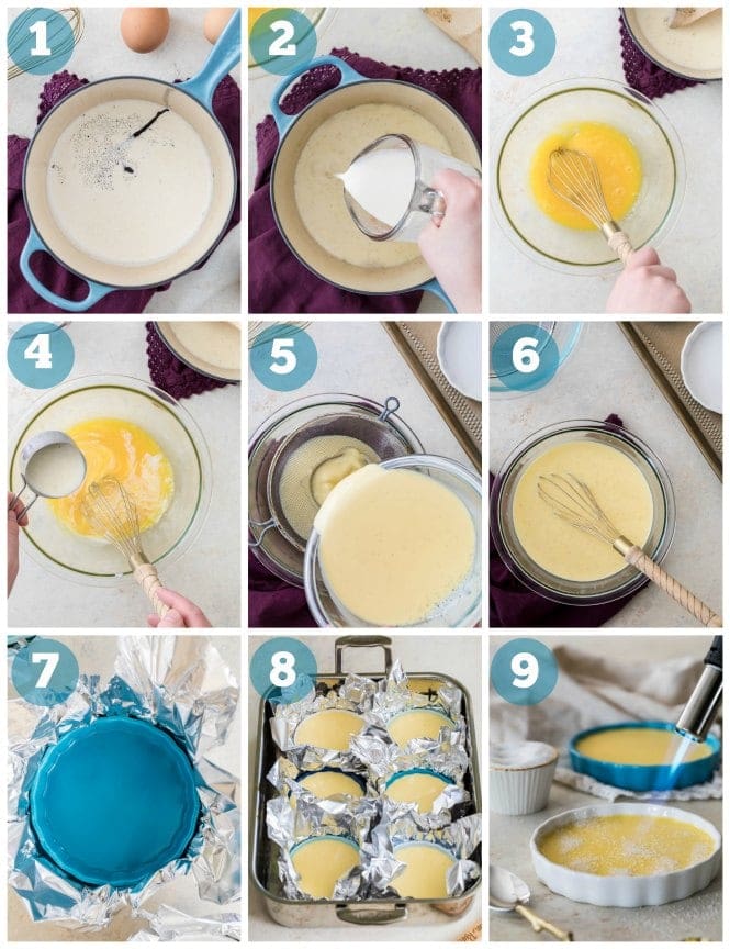 Step-by-step photos showing how to make creme brulee