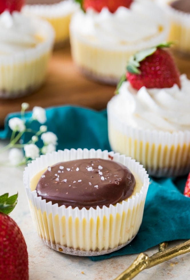 Different toppings on mini cheesecakes: chocolate ganache topping in focus