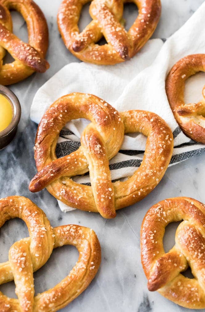 Homemade soft pretzel on cloth napkin