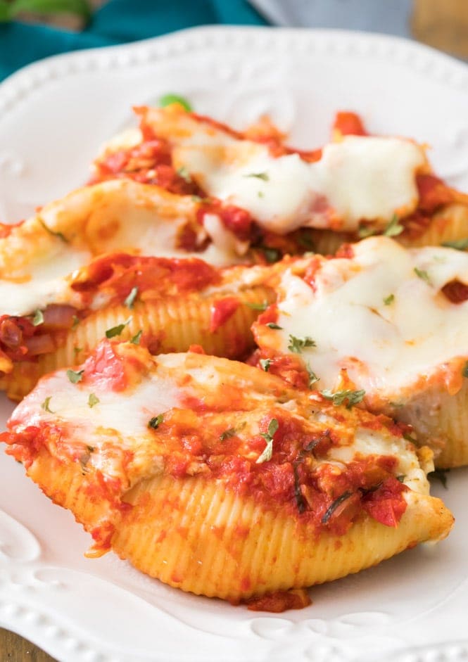 Stuffed Shells on white plate, vegetarian dinner option for lent