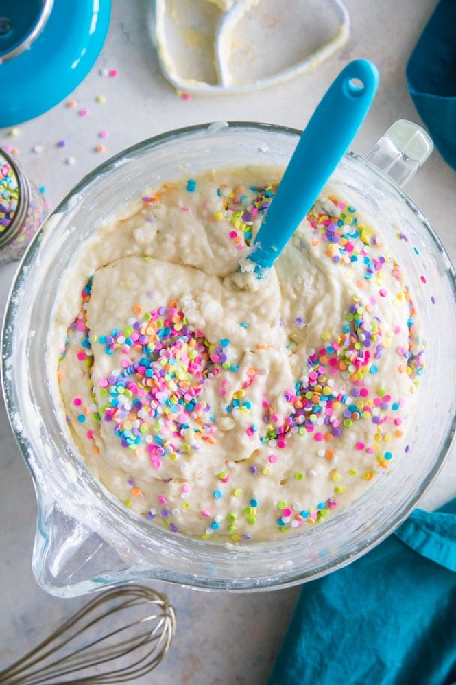 Birthday cake batter with colorful sprinkles