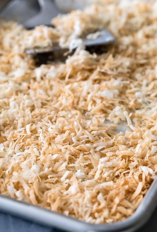 Toasted coconut on baking sheet