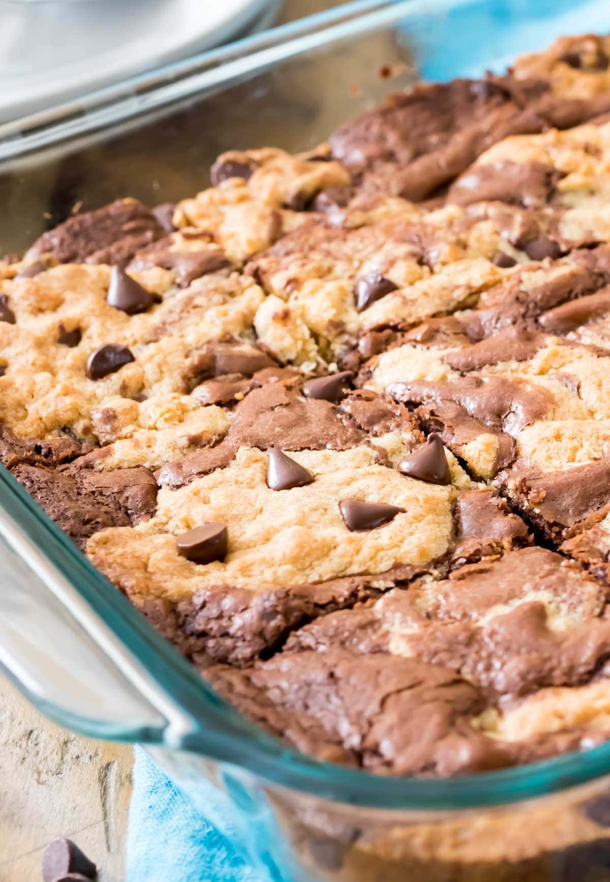 closeup of brookies cut into squares in baking dish