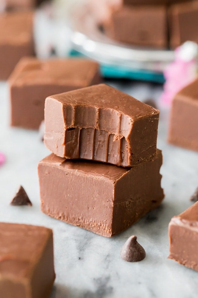 Stack of chocolate fudge with bite