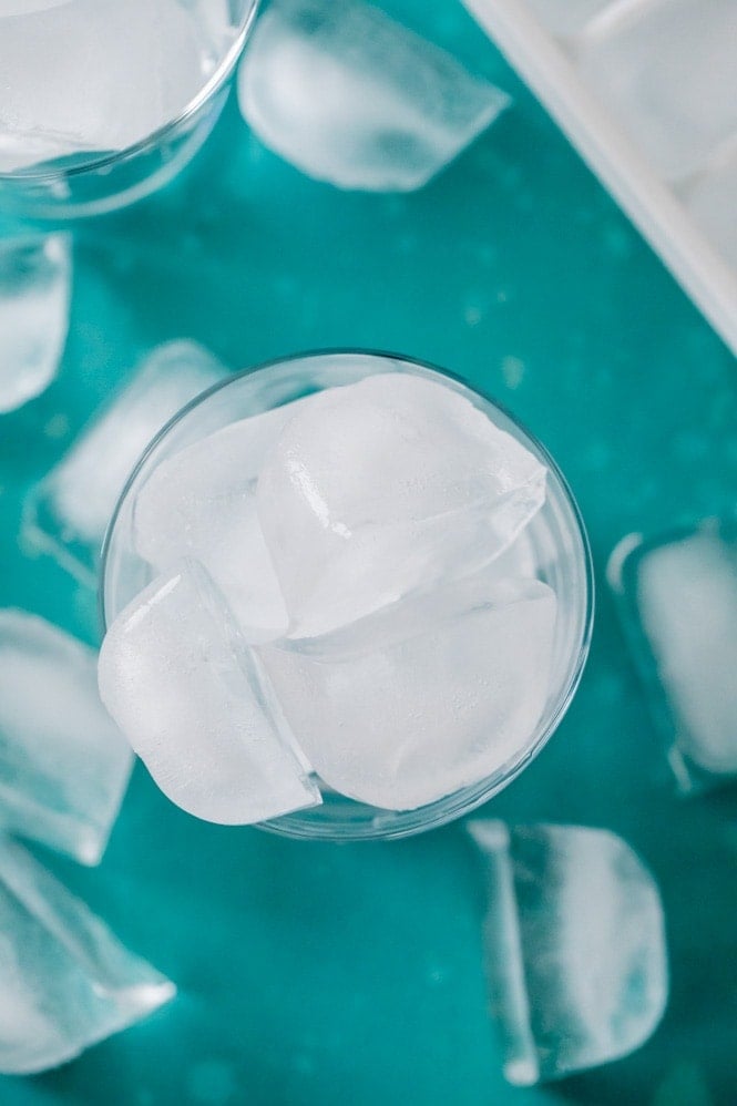Overhead view of ice in a glass