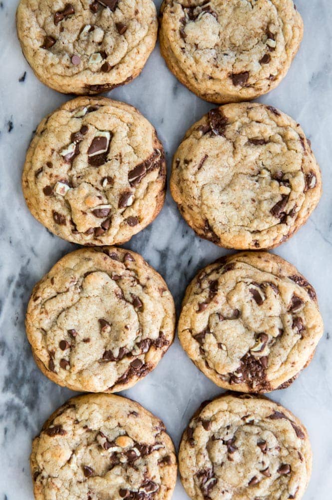 Mint chocolate chip cookies on marble slab