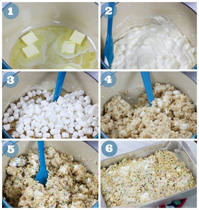 Collage of step by step instructions for Rice Krispie Treats