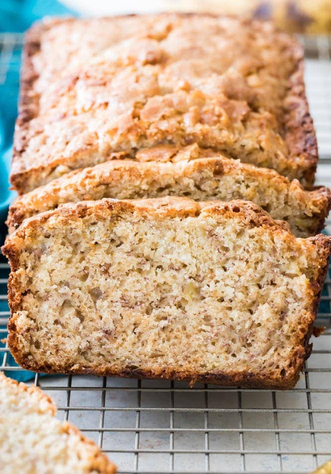 Slices of the BEST Banana bread recipe on cooling rack