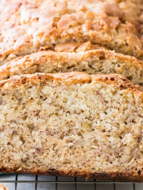 BANANA BREAD ON BAKING SHEET SLICED