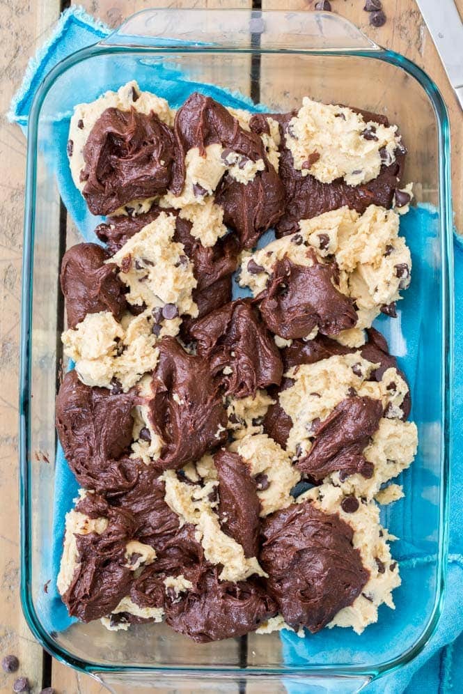 How to make brookies: alternate dolloping brownie batter and cookie dough