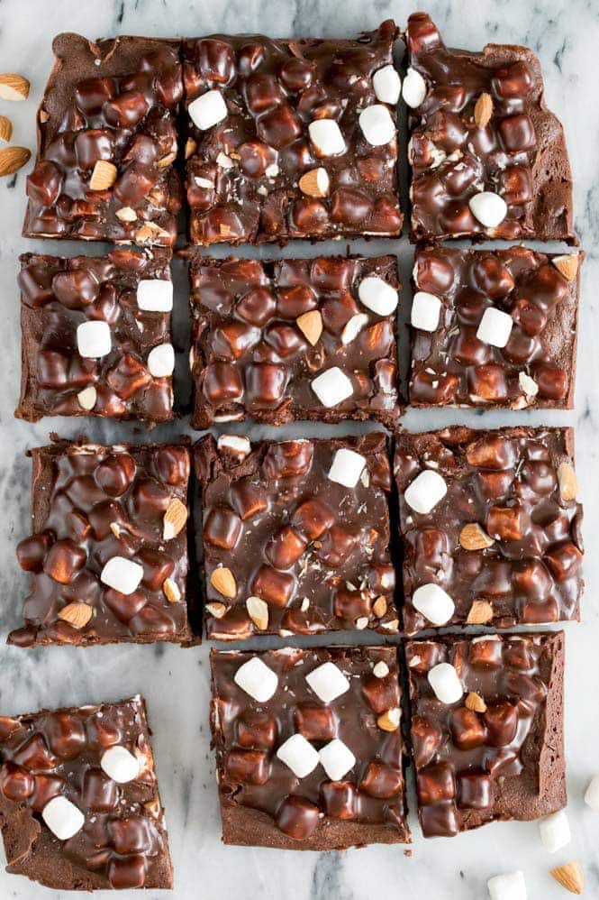 Overhead of Rocky Road Brownies cut into 12 pieces