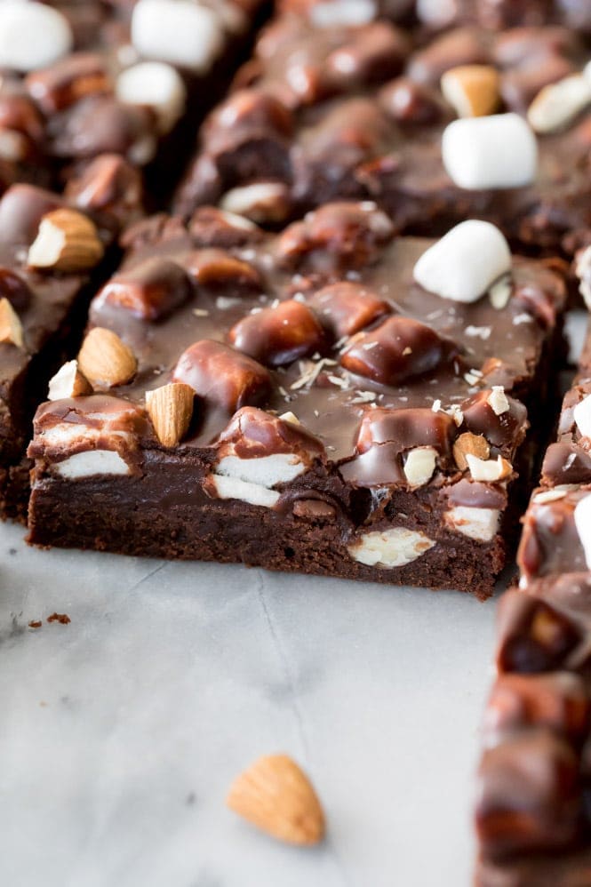 Sliced Rocky Road Brownies on marble