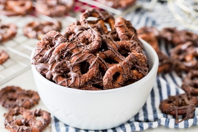 White bowl of candied pretzels