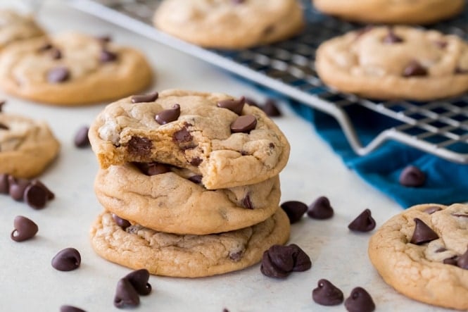 Pudding cookies with bite out of it, showing soft interior