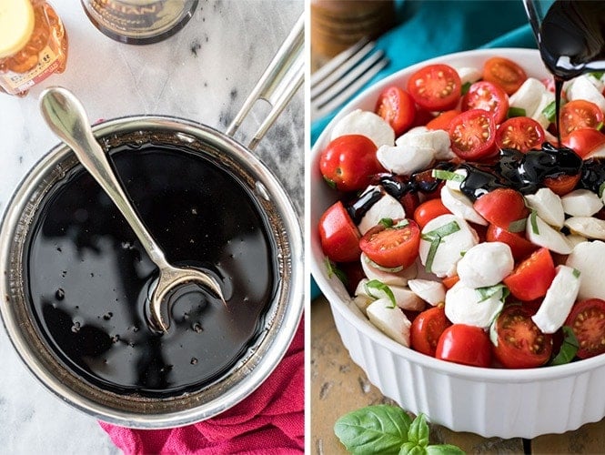 Two images: Balsamic glaze in saucepan (left), caprese salad in bowl (right)