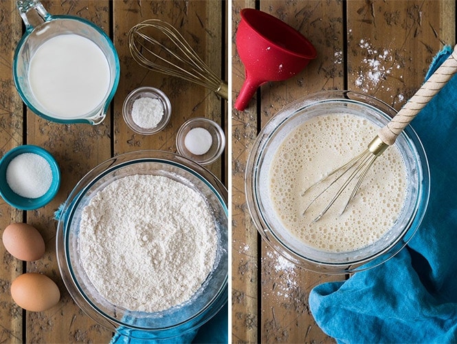 Ingredients for funnel cake and how-to make funnel cake, two photos: one of ingredients and one of batter in process