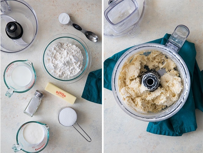 How to make peach cobbler topping: (left) topping ingredients; (right) cobbler batter prepared in food processor