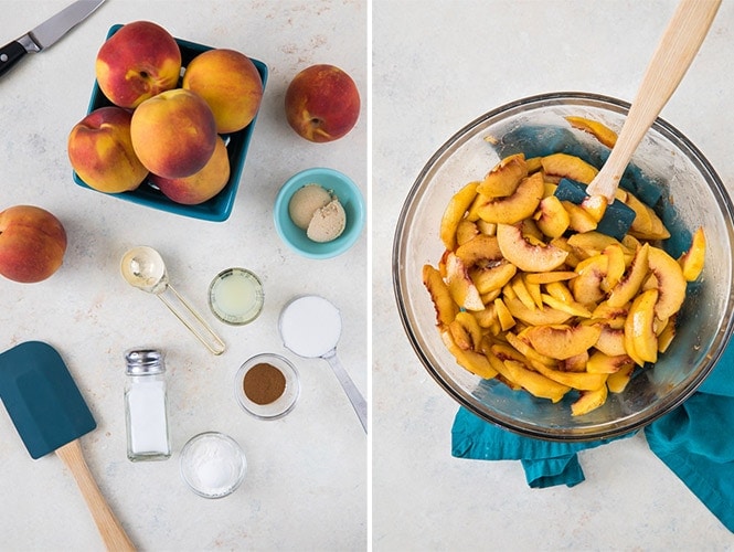 Making peach cobbler filling: (left) ingredients for peach cobbler; (right) peach cobbler filling in large glass bowl