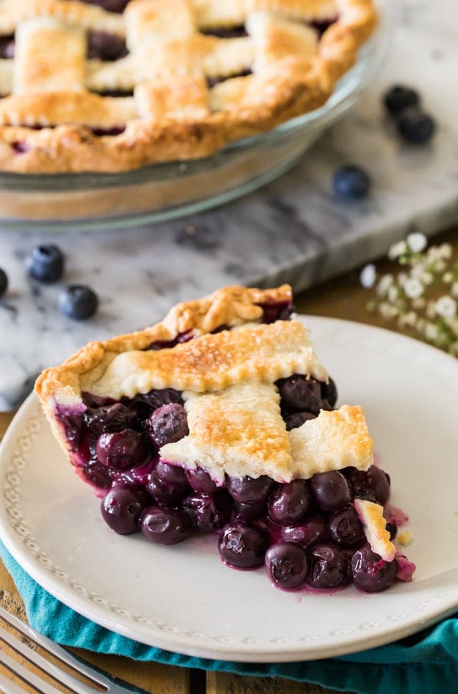 Slice of juicy blueberry pie on white plate