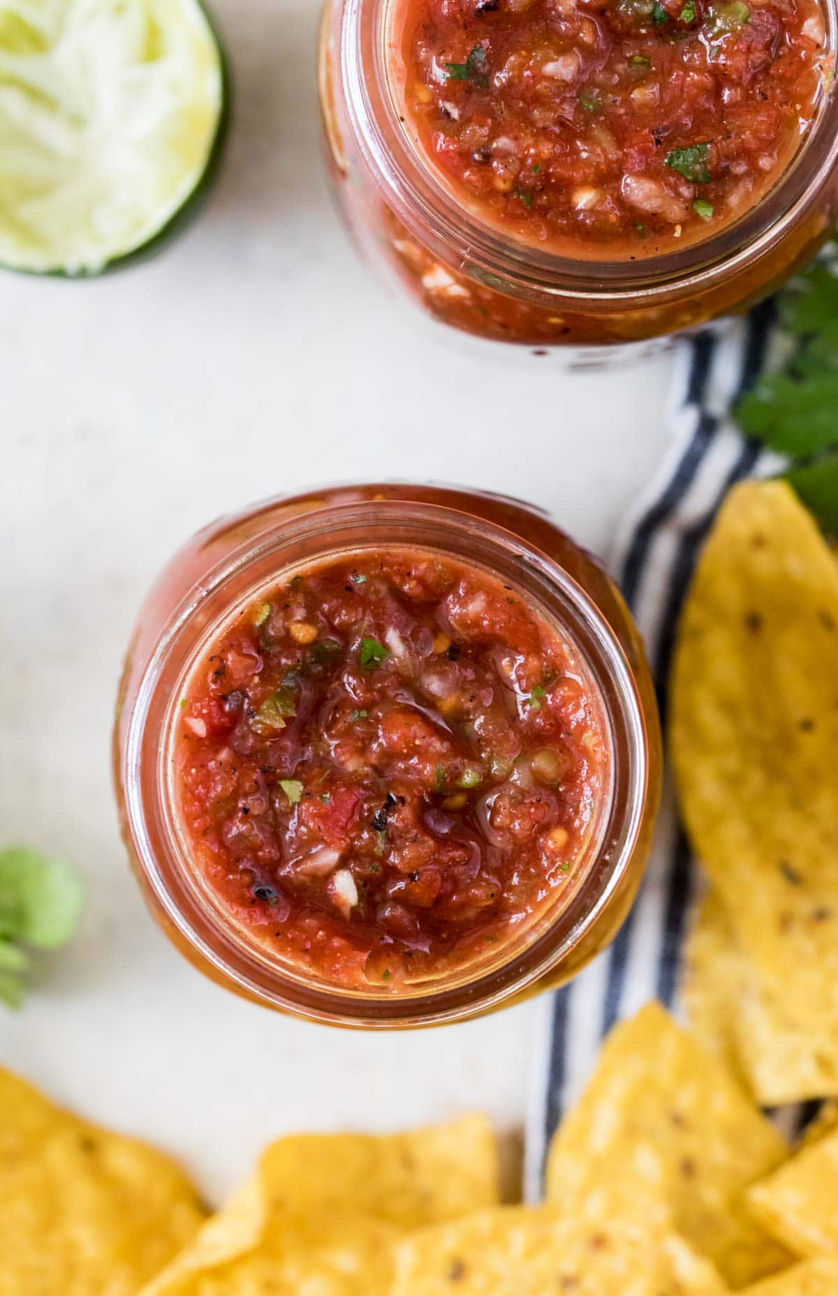 Overhead of salsa in glass jar