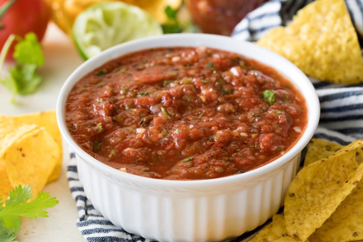 homemade salsa in white bowl 