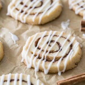 cinnamon roll cookies on parchment paper
