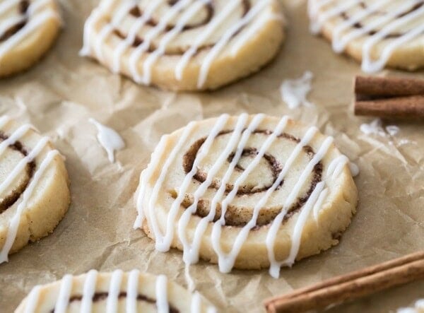 cinnamon roll cookies on parchment paper