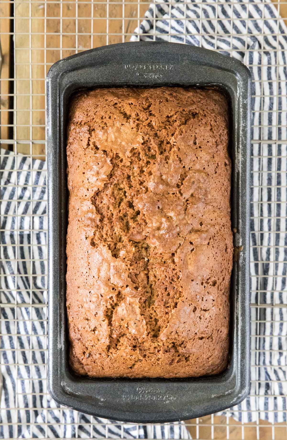 overhead of loaf of zucchini bread in pan